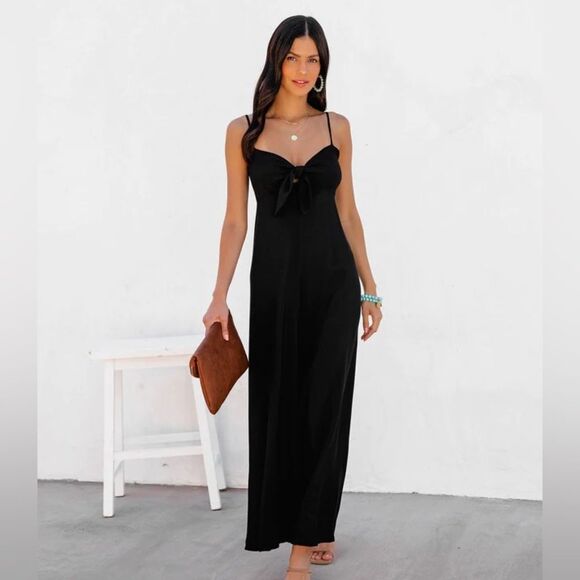 🍓Paris Atelier & Other Stories Black Tie-Front Maxi Dress w/ Slit |Sexy - Picture 1 of 6